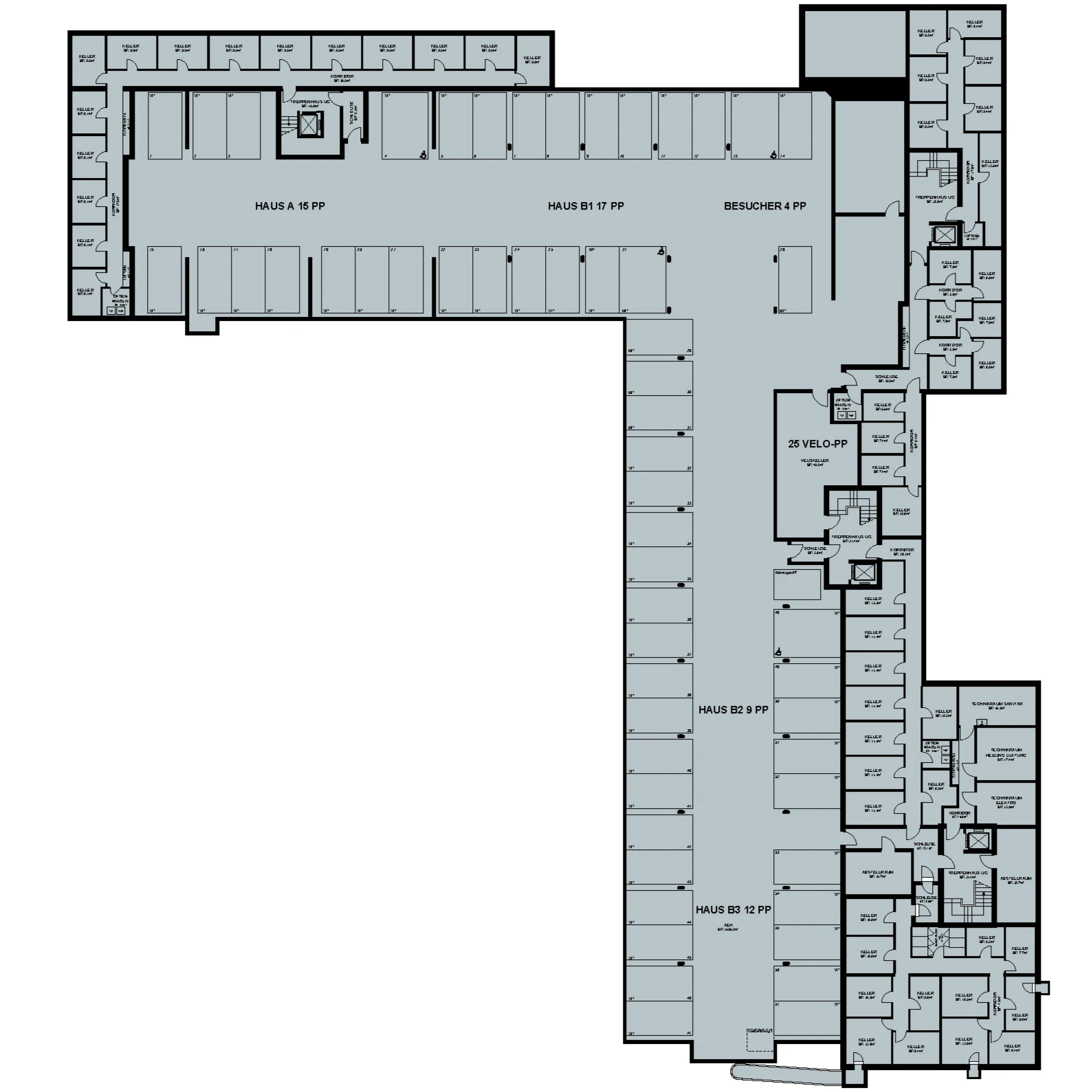 Tiefgaragenplan Sägihof Therwil — Einstellhalle mit den Parkfeldern der Häuser A, B1, B2 und B3, Besucherplätzen und Veloraum