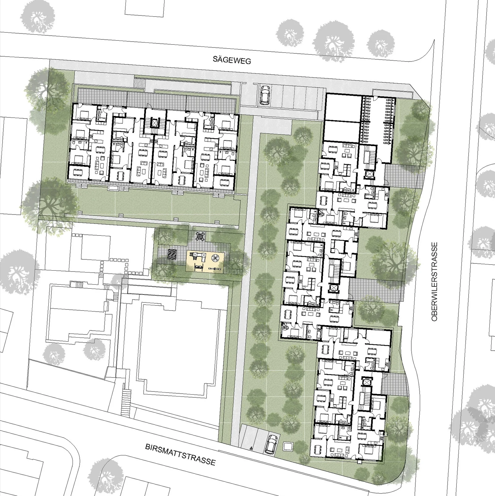 Umgebungsplan Sägihof Therwil — die vier Häuser am Sägeweg und an der Oberwilerstrasse mit begrüntem Innenhof